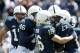Apr 20, 2013; University Park, PA, USA; Penn State Nittany Lions cornerback Jesse Merise (13) celebrates with teammates after intercepting the ball in the first quarter of the Blue White spring game at Beaver Stadium. Mandatory Credit: Matthew O'Haren-USA TODAY Sports