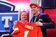 NEW YORK, NY - APRIL 25: Eric Fisher (R) of Central Michigan Chippewas stands on stage with NFL Commissioner Roger Goodell after Fisher was picked #1 overall by the Kansas City Chiefs in the first round of the 2013 NFL Draft at Radio City Music Hall on April 25, 2013 in New York City. (Photo by Al Bello/Getty Images)