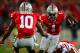 Oct 6, 2012; Columbus, OH, USA; Ohio State Buckeyes defensive back Bradley Roby (1) intercepts a pass in the second quarter against the Nebraska Cornhuskers at Ohio Stadium. Mandatory Credit: Andrew Weber-USA TODAY Sports