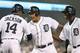 DETROIT, MI - APRIL 28: Miguel Cabrera #24 of the Detroit Tigers celebrates hitting a three-run home run in the seventh inning scoring Austin Jackson #14 and Torii Hunter #48 during the game against the Atlanta Braves at Comerica Park on April 28, 2013 in Detroit, Michigan. (Photo by Leon Halip/Getty Images)