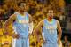 OAKLAND, CA - APRIL 28: Andre Iguodala #9 of the Denver Nuggets and Andre Miller #24 look on against the Golden State Warriors during Game Four of the Western Conference Quarterfinals of the 2013 NBA Playoffs at ORACLE Arena on April 28, 2013 in Oakland, California. NOTE TO USER: User expressly acknowledges and agrees that, by downloading and or using this photograph, User is consenting to the terms and conditions of the Getty Images License Agreement. (Photo by Jed Jacobsohn/Getty Images)
