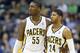 INDIANAPOLIS, IN - APRIL 24: Roy Hibbert #55 and Paul George #24 of the Indiana Pacers share a hug in the game against the Atlanta Hawks during Game Two of the Eastern Conference Quarterfinals of the 2013 NBA Playoffs at Bankers Life Fieldhouse on April 24, 2013 in Indianapolis, Indiana. NOTE TO USER: User expressly acknowledges and agrees that, by downloading and or using this photograph, User is consenting to the terms and conditions of the Getty Images License Agreement. (Photo by Andy Lyons/Getty Images)