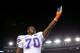 TALLAHASSEE, FL - NOVEMBER 24: D.J. Humphries #70 of the Florida Gators waves to the crowd during a game against the Florida State Seminoles at Doak Campbell Stadium on November 24, 2012 in Tallahassee, Florida. (Photo by Mike Ehrmann/Getty Images)