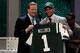 NEW YORK, NY - APRIL 25: Dee Milliner (R) of the Alabama Crimson Tide stands with NFL Commissioner Roger Goodell as they hold up a jersey on stage after Milliner was picked #9 overall by the New York Jets in the first round of the 2013 NFL Draft at Radio City Music Hall on April 25, 2013 in New York City. (Photo by Chris Chambers/Getty Images)
