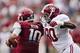 FAYETTEVILLE, AR - SEPTEMBER 15: Denzel Devall #30 of the Alabama Crimson Tide sacks Brandon Allen #10 of the Arkansas Razorbacks at Razorback Stadium on September 15, 2012 in Fayetteville, Arkansas. The Crimson Tide defeated the Razorbacks 52-0. (Photo by Wesley Hitt/Getty Images)