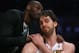 LOS ANGELES, CA - APRIL 28: Pau Gasol #16 of the Los Angeles Lakers is consoled by Kobe Bryant after coming out of the game in the second half against the San Antonio Spurs during Game Four of the Western Conference Quarterfinals of the 2013 NBA Playoffs at Staples Center on April 28, 2013 in Los Angeles, California. The Spurs defeated the Lakers 103-82. NOTE TO USER: User expressly acknowledges and agrees that, by downloading and or using this photograph, User is consenting to the terms and conditions of the Getty Images License Agreement. (Photo by Jeff Gross/Getty Images)