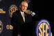 July 17, 2012; Hoover, AL, USA; SEC commissioner Mike Slive speaks at a press conference during the 2012 SEC media days event at the Wynfrey Hotel. Mandatory Credit: Kelly Lambert-USA TODAY Sports