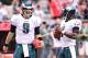 Sept. 23, 2012; Glendale, AZ, USA; Philadelphia Eagles quarterback Nick Foles (9) and quarterback Michael Vick (7) during the game against the Arizona Cardinals at University of Phoenix Stadium. The Cardinals defeated the Eagles 27 - 6. Mandatory Credit: Jennifer Stewart-USA TODAY Sports