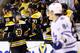 BOSTON, MA - MAY 1: David Krejci #46 of the Boston Bruins is congratulated by teammates after scoring in the second period against the Toronto Maple Leafs in Game One of the Eastern Conference Quarterfinals during the 2013 NHL Stanley Cup Playoffs on May 1, 2013 at TD Garden in Boston, Massachusetts. (Photo by Jared Wickerham/Getty Images)