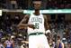Oct 13, 2012; Hartford, CT, USA; Boston Celtics forward Kevin Garnett (5) looks at the crowd prior to a game against the New York Knicks at XL Center. Mandatory Credit: Mark L. Baer-USA TODAY Sports