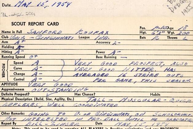Photo: Sandy Kaufax Scouting Report from '54