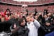 COLUMBUS, OH - NOVEMBER 24: Head coach Urban Meyer of the Ohio State Buckeyes celebrates the Buckeyes' 26-21 win over the Michigan Wolverines at Ohio Stadium on November 24, 2012 in Columbus, Ohio. (Photo by Jamie Sabau/Getty Images)