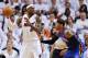 Apr 30, 2012; Miami, FL, USA; Miami Heat small forward LeBron James (6) is defended by New York Knicks small forward Carmelo Anthony (7) during the first half of game two in the Eastern Conference quarterfinals of the 2012 NBA Playoffs at the American Airlines Arena. Mandatory Credit: Steve Mitchell-USA TODAY Sports