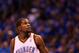 OKLAHOMA CITY, OK - MAY 01: Kevin Durant #35 of the Oklahoma City Thunder looks up to the video board during Game Five of the Western Conference Quarterfinals of the 2013 NBA Playoffs against the Houston Rockets at Chesapeake Energy Arena on May 1, 2013 in Oklahoma City, Oklahoma. NOTE TO USER: User expressly acknowledges and agrees that, by downloading and or using this photograph, User is consenting to the terms and conditions of the Getty Images License Agreement. (Photo by Christian Petersen/Getty Images)