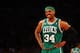 NEW YORK, NY - MAY 01: Paul Pierce #34 of the Boston Celtics looks on against the New York Knicks during Game five of the Eastern Conference Quarterfinals of the 2013 NBA Playoffs at Madison Square Garden on May 1, 2013 in New York City. NOTE TO USER: User expressly acknowledges and agrees that, by downloading and or using this photograph, User is consenting to the terms and conditions of the Getty Images License Agreement. (Photo by Al Bello/Getty Images)
