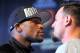 LAS VEGAS, NV - MAY 01: Boxers Floyd Mayweather Jr. (L) and Robert Guerrero pose during the final news conference for their bout at the MGM Grand Hotel/Casino on May 1, 2013 in Las Vegas, Nevada. Mayweather will defend his WBC welterweight title against Guerrero. (Photo by Jeff Bottari/Getty Images)
