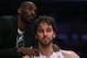 LOS ANGELES, CA - APRIL 28: Pau Gasol #16 of the Los Angeles Lakers is consoled by Kobe Bryant after coming out of the game in the second half against the San Antonio Spurs during Game Four of the Western Conference Quarterfinals of the 2013 NBA Playoffs at Staples Center on April 28, 2013 in Los Angeles, California. The Spurs defeated the Lakers 103-82. NOTE TO USER: User expressly acknowledges and agrees that, by downloading and or using this photograph, User is consenting to the terms and conditions of the Getty Images License Agreement. (Photo by Jeff Gross/Getty Images)