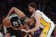 LOS ANGELES, CA - APRIL 28: Tim Duncan #21 of the San Antonio Spurs burries his head in the chest of Pau Gasol #16 of the Los Angeles Lakers in the second half during Game Four of the Western Conference Quarterfinals of the 2013 NBA Playoffs at Staples Center on April 28, 2013 in Los Angeles, California. The Spurs defeated the Lakers 103-82. NOTE TO USER: User expressly acknowledges and agrees that, by downloading and or using this photograph, User is consenting to the terms and conditions of the Getty Images License Agreement. (Photo by Jeff Gross/Getty Images)thx (Photo by Jeff Gross/Getty Images)