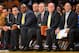 April 26, 2013; Los Angeles, CA, USA; Los Angeles Lakers point guard Steve Nash (10), point guard Steve Blake (5), assistant coach Chuck Person, head coach Mike D'Antoni, assistant coach Steve Clifford and athletic trainer Gary Vitti watch game action against the San Antonio Spurs during the second half in game three of the first round of the 2013 NBA playoffs at Staples Center. Mandatory Credit: Gary A. Vasquez-USA TODAY Sports