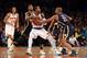 Apr 14, 2013; New York, NY, USA; Indiana Pacers small forward Paul George (24) and power forward David West (21) attempt to turn the ball from New York Knicks shooting guard J.R. Smith (8) during the fourth quarter at Madison Square Garden. Knicks won 90-80. Mandatory Credit: Anthony Gruppuso-USA TODAY Sports