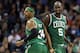 CHARLOTTE, NC - FEBRUARY 11: Teammates Paul Pierce #34 and Kevin Garnett #5 of the Boston Celtics react after a basket against the Charlotte Bobcats during their game at Time Warner Cable Arena on February 11, 2013 in Charlotte, North Carolina. NOTE TO USER: User expressly acknowledges and agrees that, by downloading and or using this photograph, User is consenting to the terms and conditions of the Getty Images License Agreement. (Photo by Streeter Lecka/Getty Images)