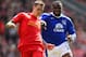 LIVERPOOL, ENGLAND - MAY 05: Victor Anichebe of Everton competes with Daniel Agger of Liverpool during the Barclays Premier League match between Liverpool and Everton at Anfield on May 5, 2013 in Liverpool, England. (Photo by Laurence Griffiths/Getty Images)