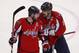 May 4, 2013; Washington, DC, USA; Washington Capitals defenseman Mike Green (52) celebrates with Capitals left wing Alex Ovechkin (8) after scoring the game winning goal in overtime against the New York Rangers in game two of the first round of the 2013 Stanley Cup playoffs at Verizon Center. The Capitals won 1-0. Mandatory Credit: Geoff Burke-USA TODAY Sports