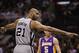 SAN ANTONIO, TX - APRIL 21: Tim Duncan #21 of the San Antonio Spurs during Game One of the Western Conference Quarterfinals of the 2013 NBA Playoffs at at AT&T Center on April 21, 2013 in San Antonio, Texas. NOTE TO USER: User expressly acknowledges and agrees that, by downloading and or using this photograph, User is consenting to the terms and conditions of the Getty Images License Agreement. (Photo by Ronald Martinez/Getty Images)