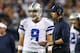 Dec 2, 2012; Arlington, TX, USA; Dallas Cowboys head coach Jason Garrett talks with quarterback Tony Romo (9) in the third quarter against the Philadelphia Eagles at Cowboys Stadium. Mandatory Credit: Matthew Emmons-USA TODAY Sports