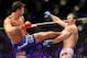 July 14, 2012; Portland, OR, USA; Luke Rockhold (blue shorts) fights Tim Kennedy (white shorts) for the middleweight title at MMA Strikeforce at the Rose Garden Arena. Mandatory Credit: Scott Olmos-USA TODAY Sports