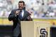August 21, 2011; San Diego, CA, USA; Former San Diego Padres closer Trevor Hoffman speaks during his retirement ceremony prior to the game against the Florida Marlins at Petco Park. Mandatory Credit: Christopher Hanewinckel-USA TODAY Sports