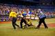 ST. PETERSBURG - MAY 07: Pitcher J.A. Happ #48 of the Toronto Blue Jays is taken off the field after he was hit by a line drive from the Tampa Bay Rays during the game at Tropicana Field on May 7, 2013 in St. Petersburg, Florida. (Photo by J. Meric/Getty Images)