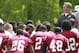 May 5, 2013; Ashburn, VA, USA; Washington Redskins head coach Mike Shanahan (R) talks to his players during rookie minicamp at Redskins Park. Mandatory Credit: Geoff Burke-USA TODAY Sports