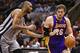 SAN ANTONIO, TX - APRIL 24: Pau Gasol #16 of the Los Angeles Lakers dribbles the ball against Tim Duncan #21 of the San Antonio Spurs during Game Two of the Western Conference Quarterfinals of the 2013 NBA Playoffs at AT&T Center on April 24, 2013 in San Antonio, Texas. NOTE TO USER: User expressly acknowledges and agrees that, by downloading and or using this photograph, User is consenting to the terms and conditions of the Getty Images License Agreement. (Photo by Ronald Martinez/Getty Images)