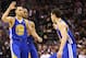SAN ANTONIO, TX - MAY 08: Klay Thompson #11 of the Golden State Warriors celebrates a three-point shot with Stephen Curry #30 and Jarrett Jack #2 against the San Antonio Spurs during Game Two of the Western Conference Semifinals of the 2013 NBA Playoffs at AT&T Center on May 8, 2013 in San Antonio, Texas. NOTE TO USER: User expressly acknowledges and agrees that, by downloading and or using this photograph, User is consenting to the terms and conditions of the Getty Images License Agreement. (Photo by Ronald Martinez/Getty Images)