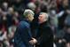 MANCHESTER, UNITED KINGDOM - APRIL 13: Sir Alex Ferguson, manager of Manchester United consoles Arsene Wenger, manager of Arsenal after the Barclays Premier League match between Manchester United and Arsenal at Old Trafford on April 13, 2008 in Manchester, England. (Photo by Clive Brunskill/Getty Images)