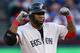 ARLINGTON, TX - MAY 04: David Ortiz #34 of the Boston Red Sox pumps his fist after hitting a double against the Texas Rangers at Rangers Ballpark in Arlington on May 4, 2013 in Arlington, Texas. (Photo by Ronald Martinez/Getty Images)