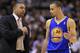 SAN ANTONIO, TX - MAY 08: Head coach Mark Jackson talks with Stephen Curry #30 of the Golden State Warriors during Game Two of the Western Conference Semifinals of the 2013 NBA Playoffs at AT&T Center on May 8, 2013 in San Antonio, Texas. NOTE TO USER: User expressly acknowledges and agrees that, by downloading and or using this photograph, User is consenting to the terms and conditions of the Getty Images License Agreement. (Photo by Ronald Martinez/Getty Images)