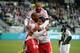 PORTLAND, OR - MARCH 03: Jamison Olave #4, Thierry Henry #14 and Tim Cahill #17 of New York Red Bulls celebrate a goal during the first half of the game against the Portland Timbers at Jeld-Wen Field on March 03, 2013 in Portland, Oregon. (Photo by Steve Dykes/Getty Images)