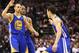 SAN ANTONIO, TX - MAY 08: Klay Thompson #11 of the Golden State Warriors celebrates a three-point shot with Stephen Curry #30 and Jarrett Jack #2 against the San Antonio Spurs during Game Two of the Western Conference Semifinals of the 2013 NBA Playoffs at AT&T Center on May 8, 2013 in San Antonio, Texas. NOTE TO USER: User expressly acknowledges and agrees that, by downloading and or using this photograph, User is consenting to the terms and conditions of the Getty Images License Agreement. (Photo by Ronald Martinez/Getty Images)
