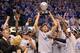 DALLAS, TX - MAY 25: Dirk Nowitzki #41 and the Dallas Mavericks celebrate their 100-96 victory against the Oklahoma City Thunder in Game Five of the Western Conference Finals during the 2011 NBA Playoffs at American Airlines Center on May 25, 2011 in Dallas, Texas. NOTE TO USER: User expressly acknowledges and agrees that, by downloading and or using this photograph, User is consenting to the terms and conditions of the Getty Images License Agreement. (Photo by Ronald Martinez/Getty Images)