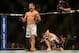 Apr 20, 2013; San Jose, CA, USA; Chad Mendes (left) celebrates after defeating Darren Elkins (right) during the featherweight bout prelims of the UFC on Fuel TV at HP Pavilion. Mandatory Credit: Kyle Terada-USA TODAY Sports