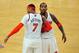 May 7, 2013; New York, NY, USA; New York Knicks small forward Carmelo Anthony (7) and shooting guard J.R. Smith (8) celebrate against the Indiana Pacers during the second half in game two of the second round of the 2013 NBA Playoffs at Madison Square Garden. Knicks won the game 105-79. Mandatory Credit: Joe Camporeale-USA TODAY Sports