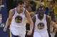 May 10, 2013; Oakland, CA, USA; Golden State Warriors center Andrew Bogut (12) and small forward Draymond Green (23) celebrate after a play against the San Antonio Spurs during the first quarter of game three of the second round of the 2013 NBA Playoffs at Oracle Arena. Mandatory Credit: Kyle Terada-USA TODAY Sports