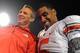 STATE COLLEGE, PA - OCTOBER 27: Quarterback Braxton Miller #5 of the Ohio State Buckeyes smiles with head coach Urban Meyer of the Ohio State Buckeyes after defeating the Penn State Nittany Lions at Beaver Stadium on October 27, 2012 in State College, Pennsylvania. The Ohio State Buckeyes won, 35-23. (Photo by Patrick Smith/Getty Images)