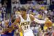 INDIANAPOLIS, IN - MAY 14: Paul George #24 of the Indiana Pacers dribbles the ball while defended by Raymond Felton #2 of the New York Knicks during Game Four of the Eastern Conference Semifinals of the 2013 NBA Playoffs at Bankers Life Fieldhouse on May 14, 2013 in Indianapolis, Indiana. NOTE TO USER: User expressly acknowledges and agrees that, by downloading and or using this photograph, User is consenting to the terms and conditions of the Getty Images License Agreement. (Photo by Andy Lyons/Getty Images)
