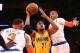 May 7, 2013; New York, NY, USA; Indiana Pacers power forward David West (21) shoots between New York Knicks power forward Kenyon Martin (3) and small forward Carmelo Anthony (7) during the second half in game two of the second round of the 2013 NBA Playoffs at Madison Square Garden. Knicks win 105-79. Mandatory Credit: Debby Wong-USA TODAY Sports