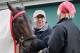 BALTIMORE, MD - MAY 15: Kentucky Derby winner Orb gets a blanket put on him by exercise rider Jennifer Patterson and trainer Shug McGaughey
following a workout in preparation for the 138th Preakness Stakes at Pimlico Race Course on May 15, 2013 in Baltimore, Maryland. (Photo by Rob Carr/Getty Images)