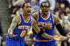 INDIANAPOLIS, IN - MAY 14: J.R. Smith #8 and Amare Stoudemire #1 of the New York Knicks protest a foul called during the game against the Indiana Pacers during Game Four of the Eastern Conference Semifinals of the 2013 NBA Playoffs at Bankers Life Fieldhouse on May 14, 2013 in Indianapolis, Indiana. NOTE TO USER: User expressly acknowledges and agrees that, by downloading and or using this photograph, User is consenting to the terms and conditions of the Getty Images License Agreement. (Photo by Andy Lyons/Getty Images)