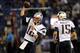 BALTIMORE, MD - SEPTEMBER 23: Tom Brady #12 of the New England Patriots throws a pass during warms as Ryan Mallett #15 looks on against the Baltimore Ravens at M&T Bank Stadium on September 23, 2012 in Baltimore, Maryland. (Photo by Patrick Smith/Getty Images)